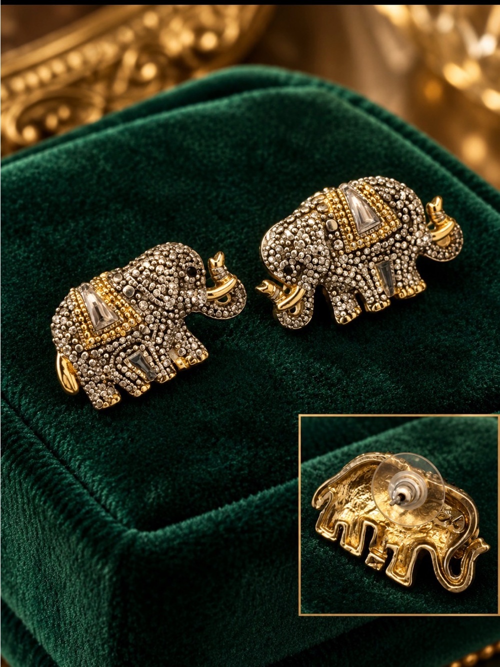 Gold-Tone Elephant Crystal Stud Earrings for Women